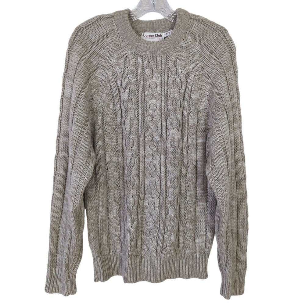 Career Club Men's Sweater Sz M Vintage 1980 Khaki Fisherman Cable Knit‎ Acrylic